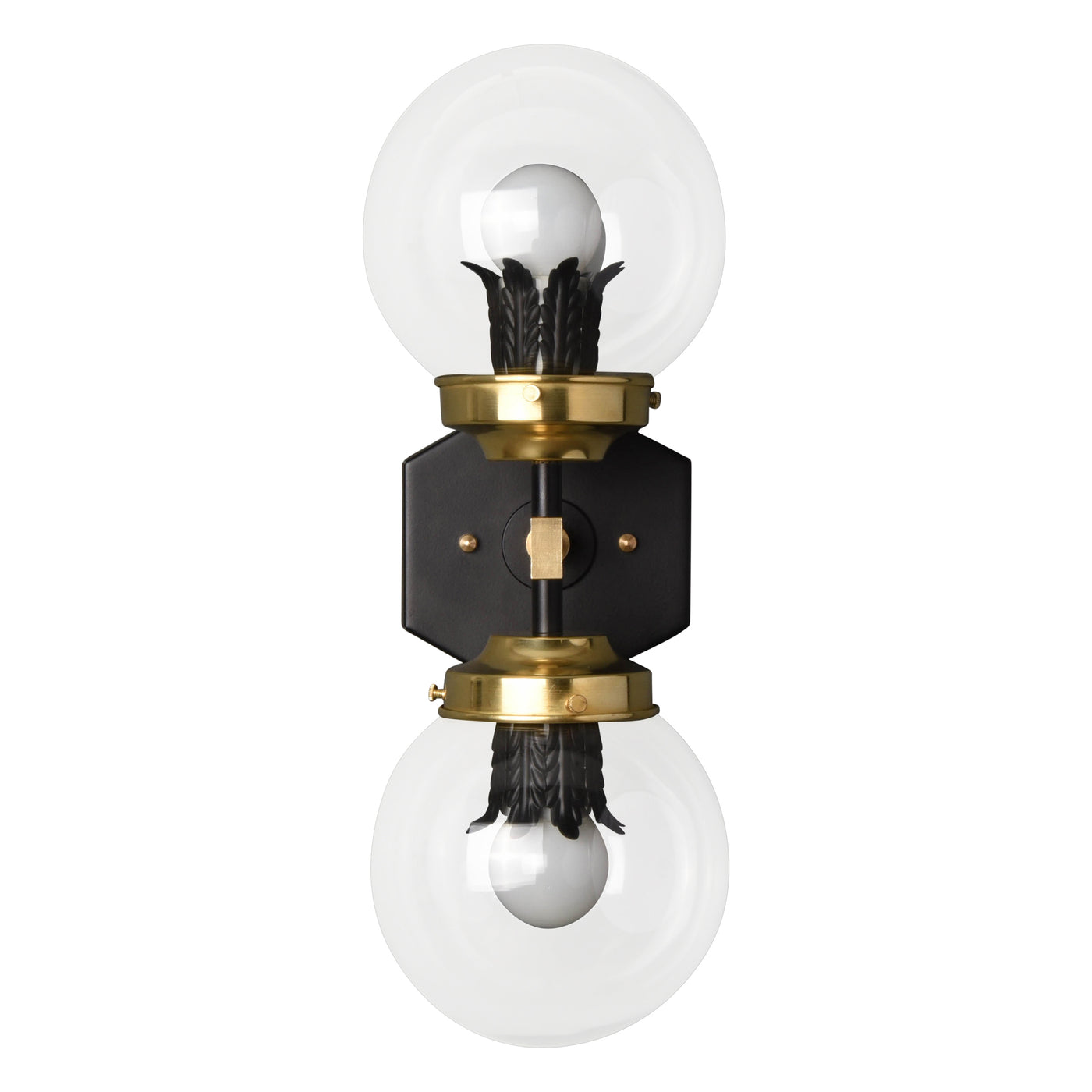 Decorative modern style vertical wall sconce with clear glass globes